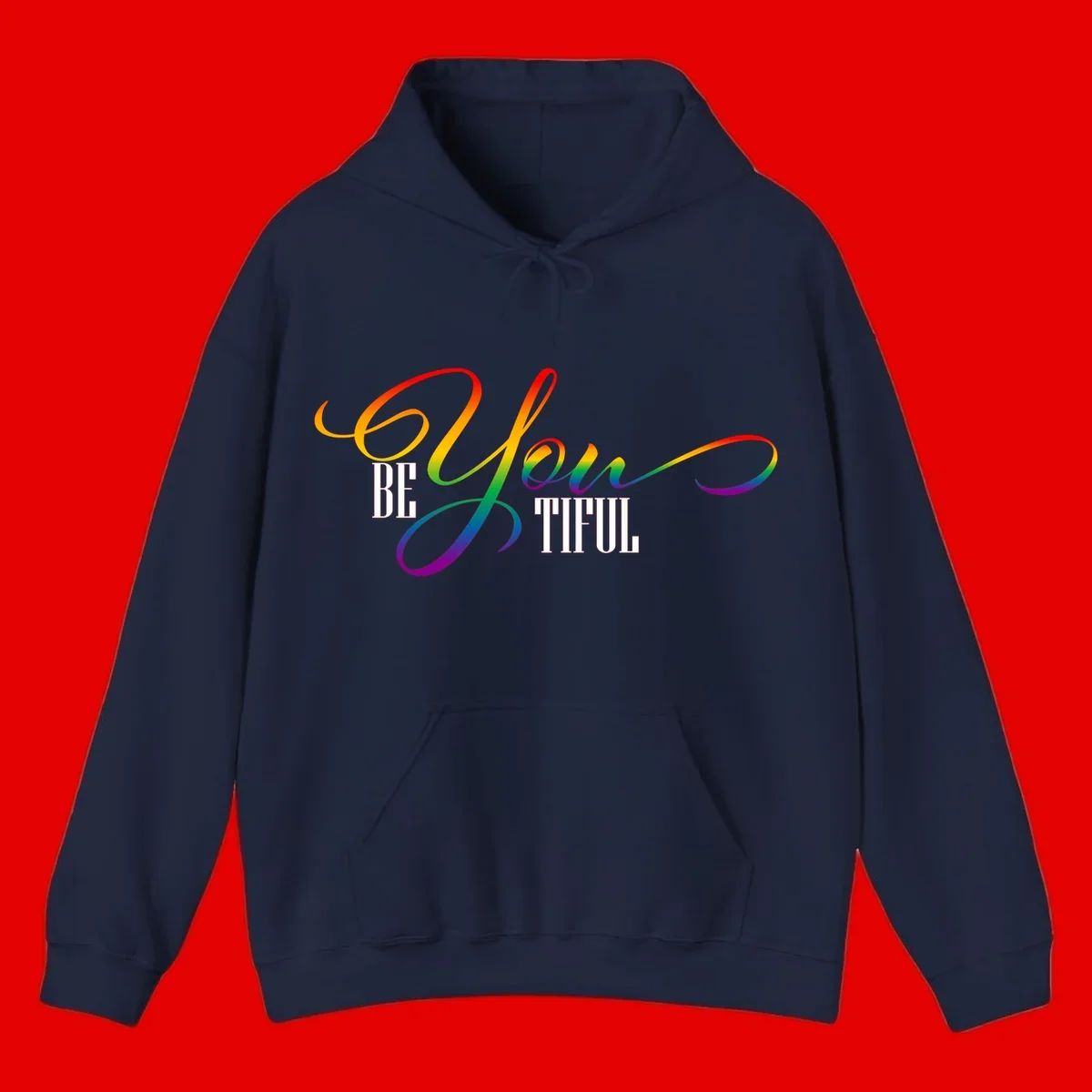 Colorful be-you-them-pride design with flowing rainbow gradient text transitioning from red to purple on gray background