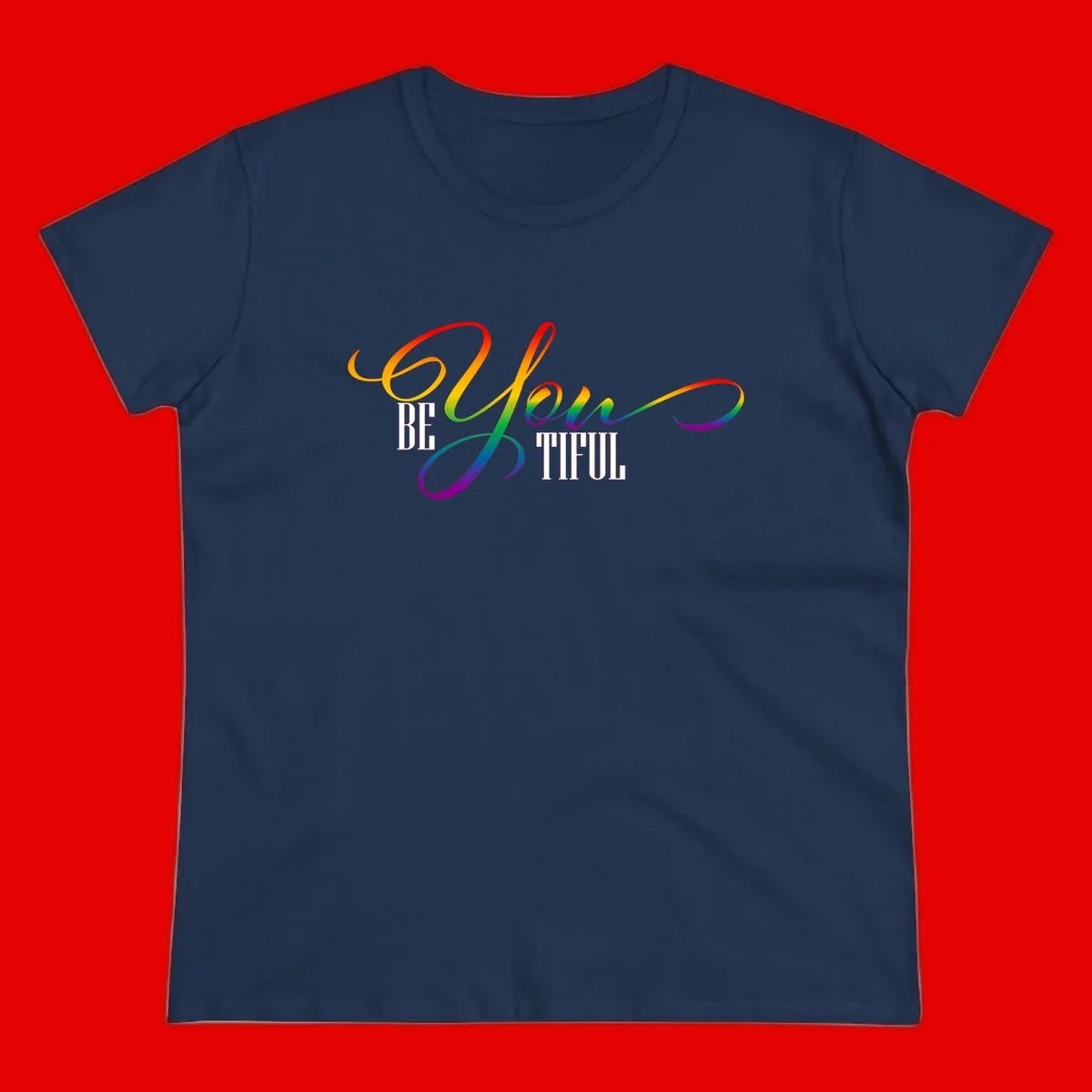 Colorful be-you-them-pride design with flowing rainbow gradient text transitioning from red to purple on gray background