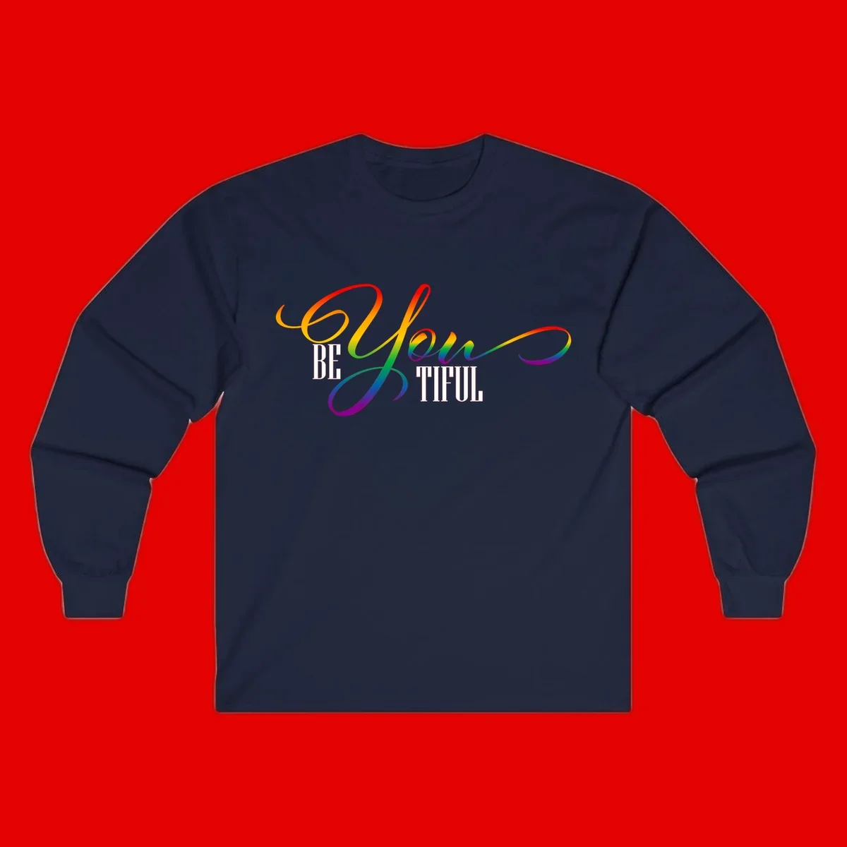 Colorful be-you-them-pride design with flowing rainbow gradient text transitioning from red to purple on gray background