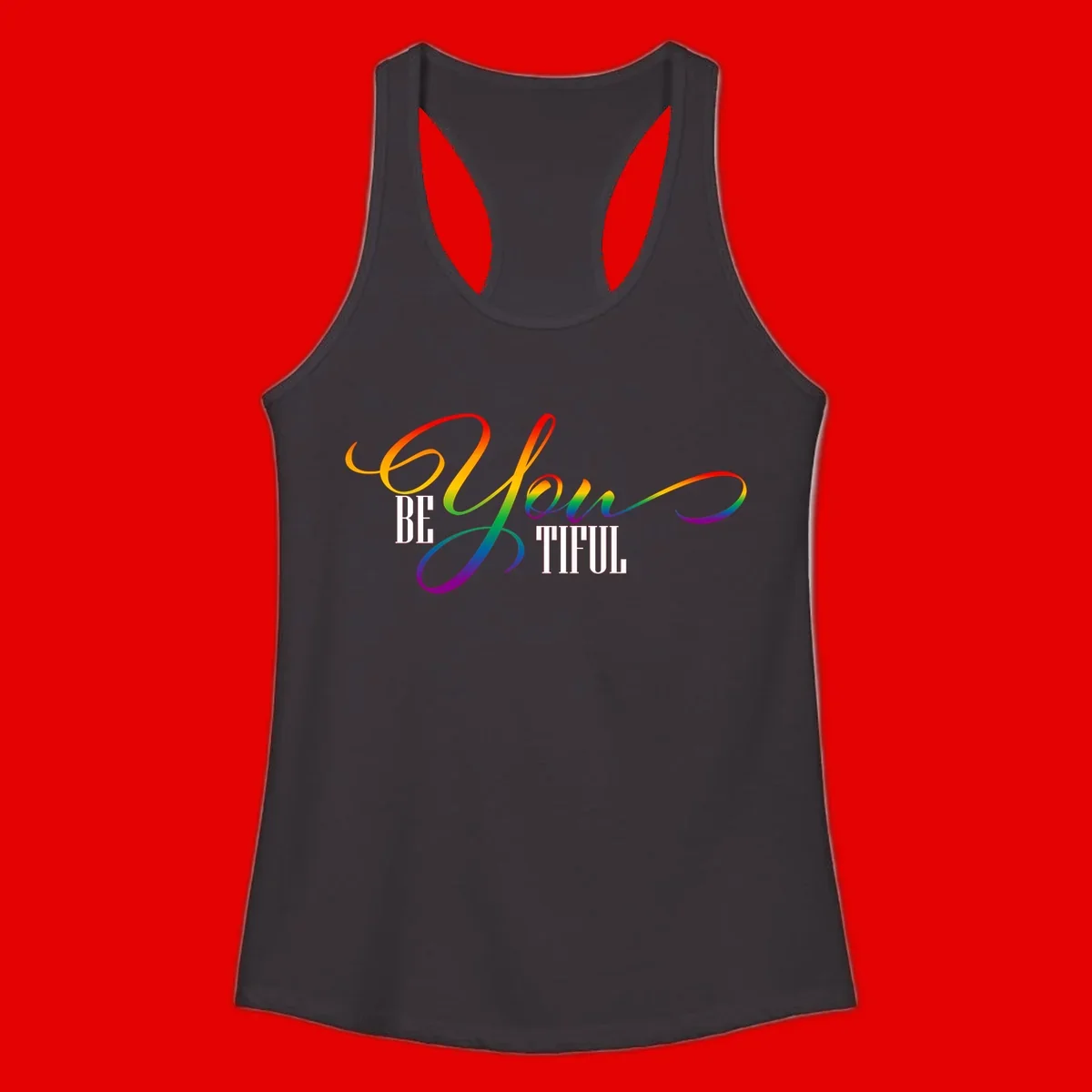 Colorful be-you-them-pride design with flowing rainbow gradient text transitioning from red to purple on gray background