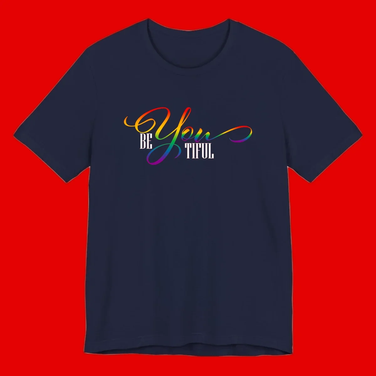 Colorful be-you-them-pride design with flowing rainbow gradient text transitioning from red to purple on gray background