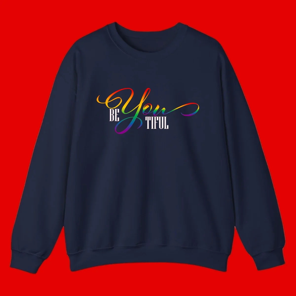 Colorful be-you-them-pride design with flowing rainbow gradient text transitioning from red to purple on gray background