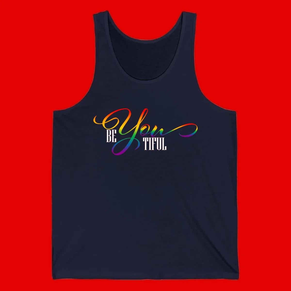 Colorful be-you-them-pride design with flowing rainbow gradient text transitioning from red to purple on gray background