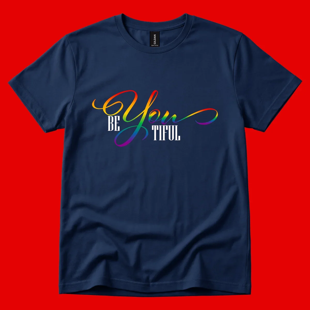 Colorful be-you-them-pride design with flowing rainbow gradient text transitioning from red to purple on gray background