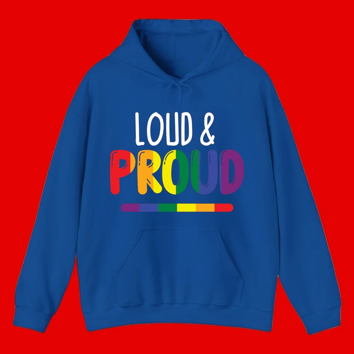 Loud and proud rainbow pride design with colorful gradient letters and pride flag stripe on gray background