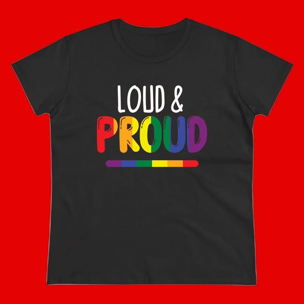 Loud and proud rainbow pride design with colorful gradient letters and pride flag stripe on gray background