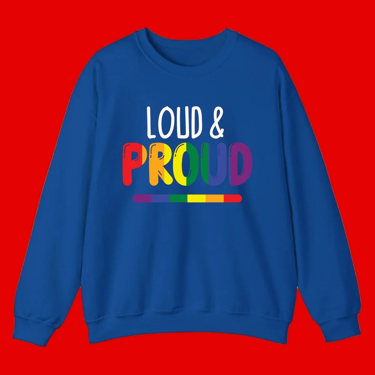 Loud and proud rainbow pride design with colorful gradient letters and pride flag stripe on gray background