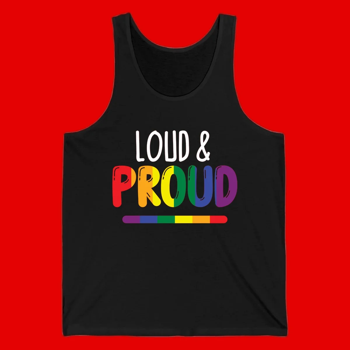 Loud and proud rainbow pride design with colorful gradient letters and pride flag stripe on gray background