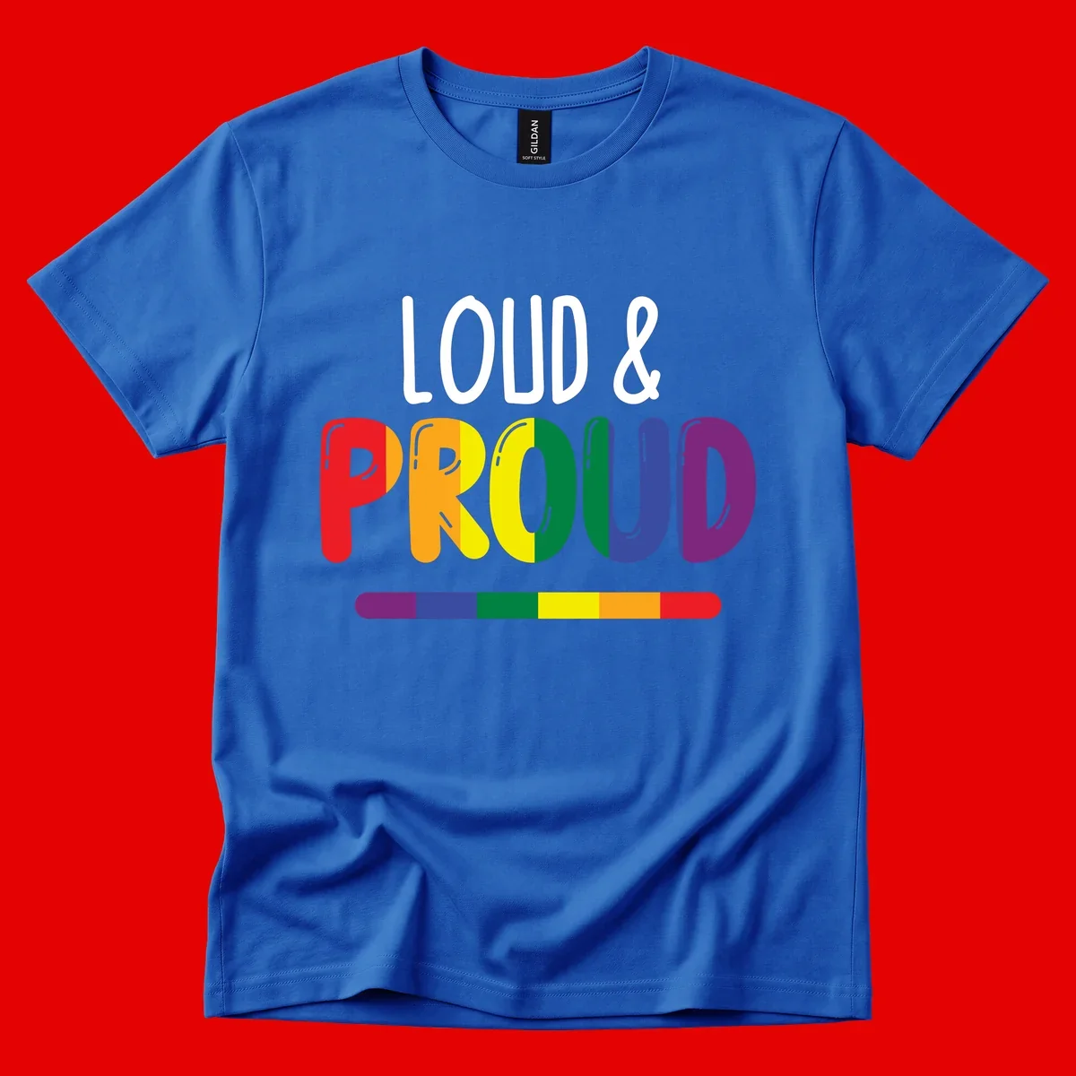 Loud and proud rainbow pride design with colorful gradient letters and pride flag stripe on gray background