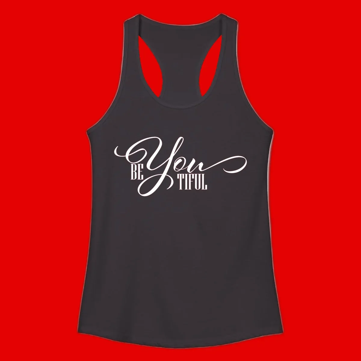 Elegant white typography reading 'BE YOU THRILL' with decorative script and serif lettering on gray background