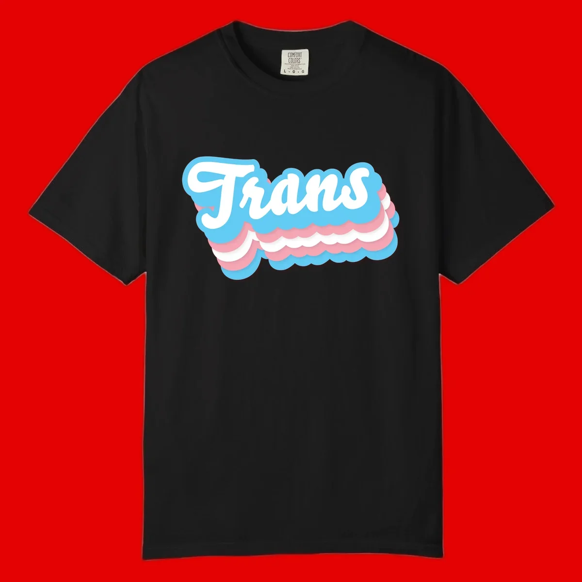 Trans pride cloud layers design with white 'Trans' text on alternating blue, pink, and white scalloped cloud shapes