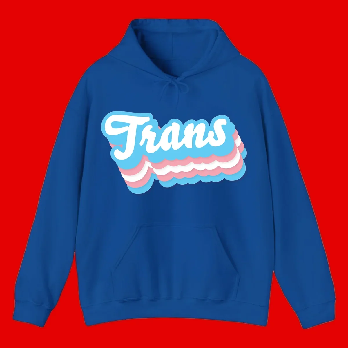Trans pride cloud layers design with white 'Trans' text on alternating blue, pink, and white scalloped cloud shapes