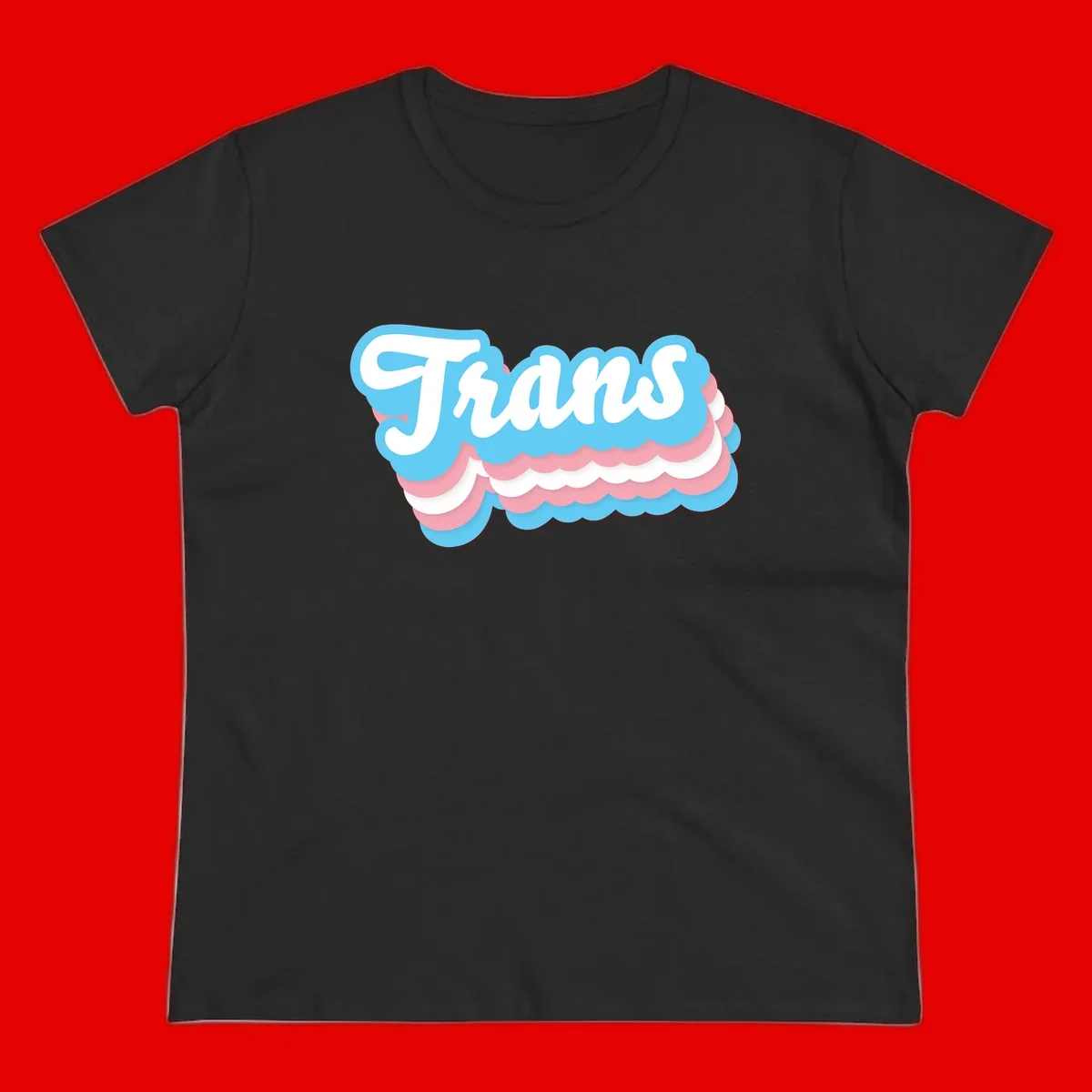 Trans pride cloud layers design with white 'Trans' text on alternating blue, pink, and white scalloped cloud shapes