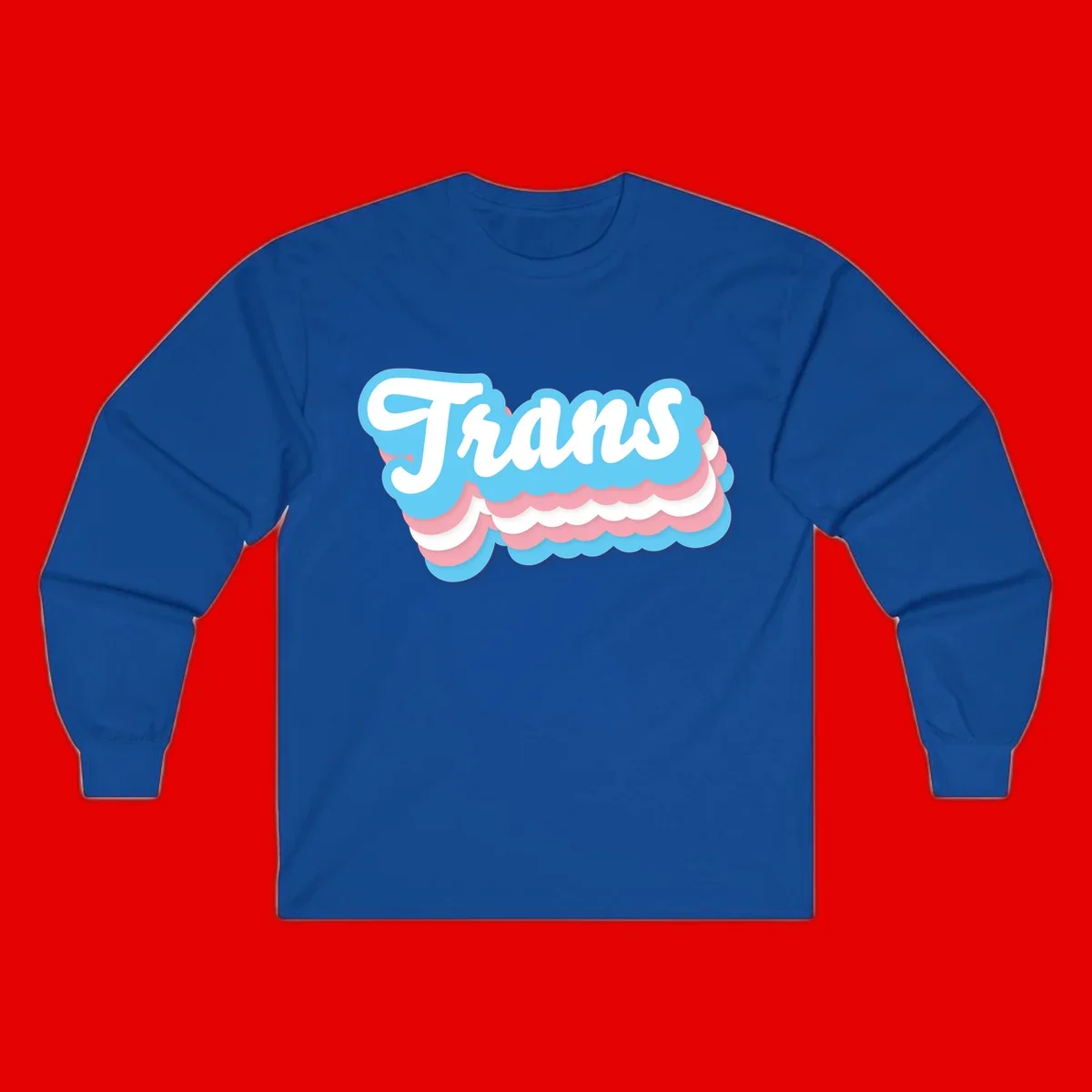 Trans pride cloud layers design with white 'Trans' text on alternating blue, pink, and white scalloped cloud shapes