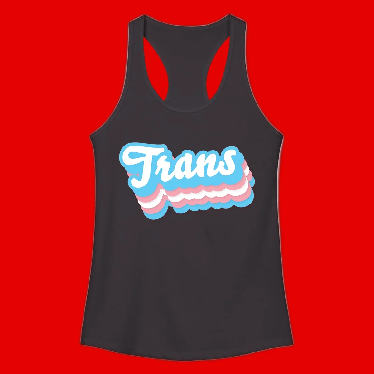 Trans pride cloud layers design with white 'Trans' text on alternating blue, pink, and white scalloped cloud shapes