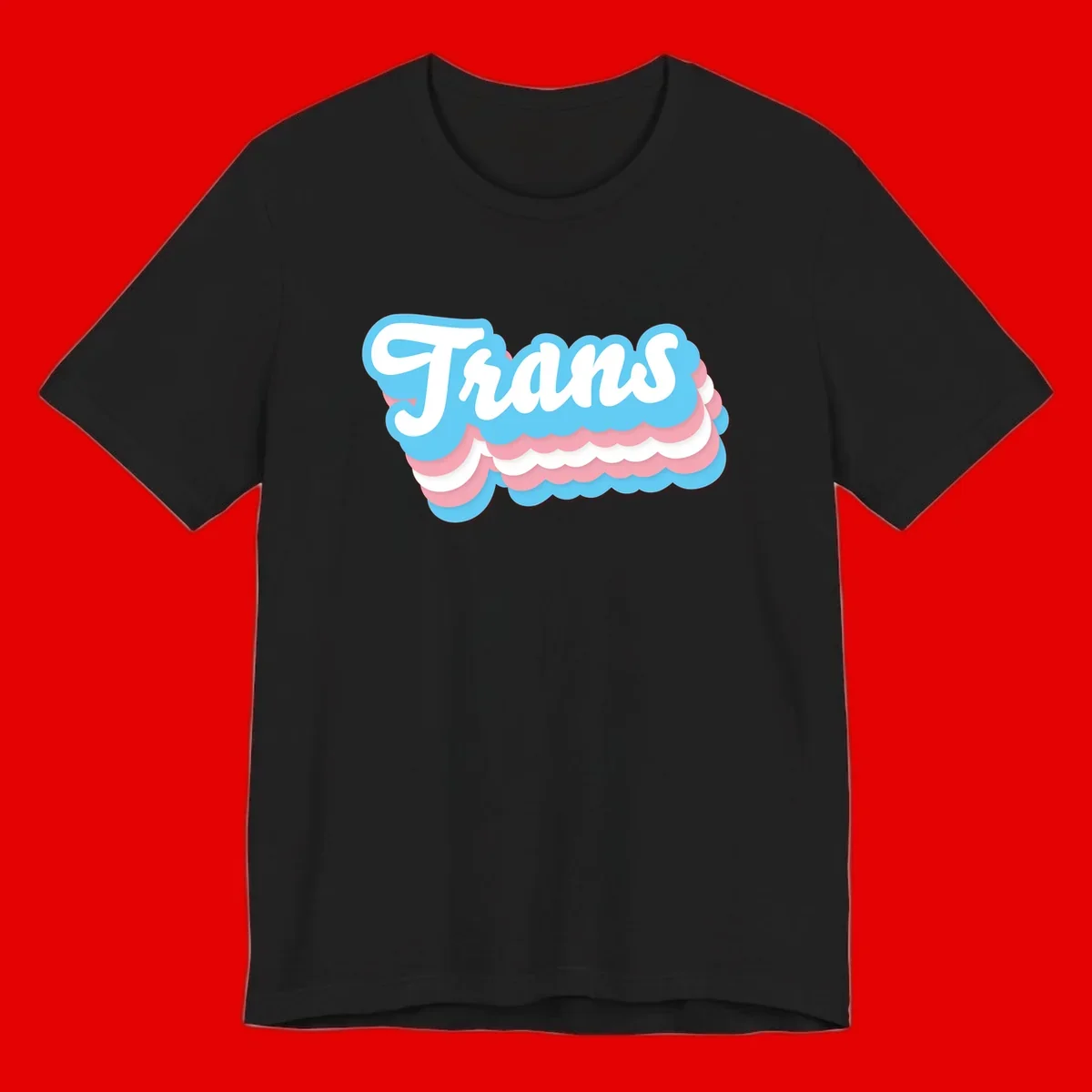 Trans pride cloud layers design with white 'Trans' text on alternating blue, pink, and white scalloped cloud shapes
