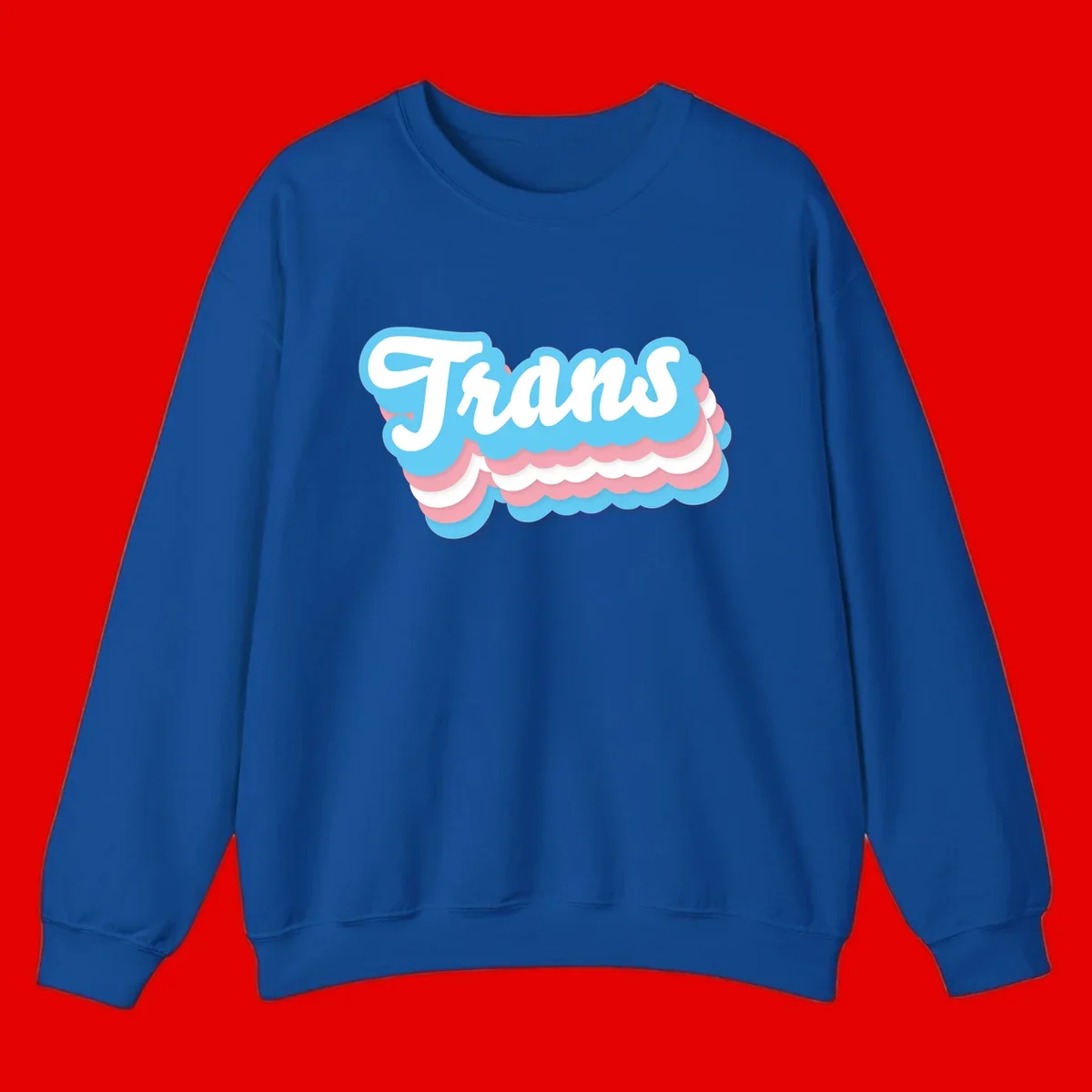 Trans pride cloud layers design with white 'Trans' text on alternating blue, pink, and white scalloped cloud shapes