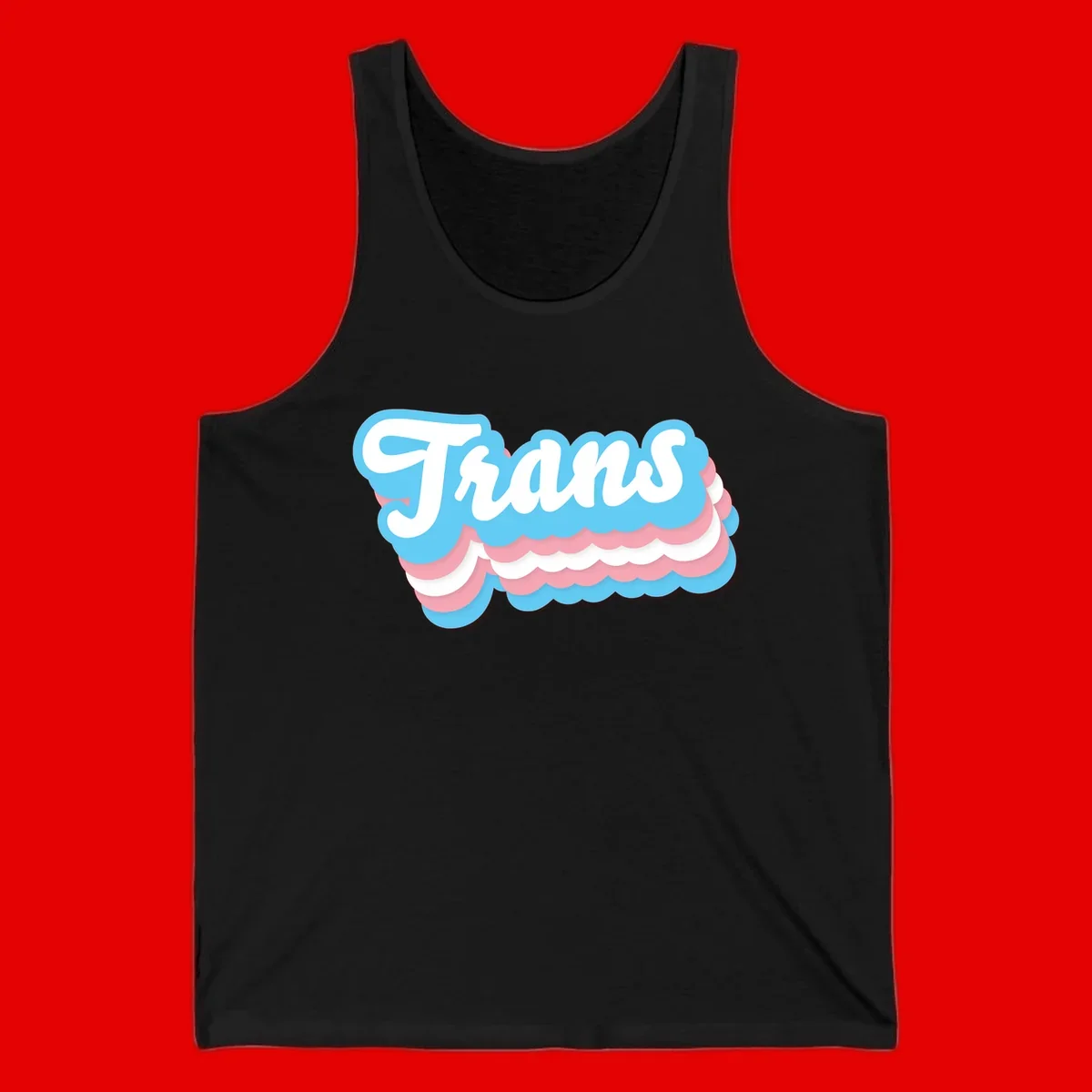 Trans pride cloud layers design with white 'Trans' text on alternating blue, pink, and white scalloped cloud shapes