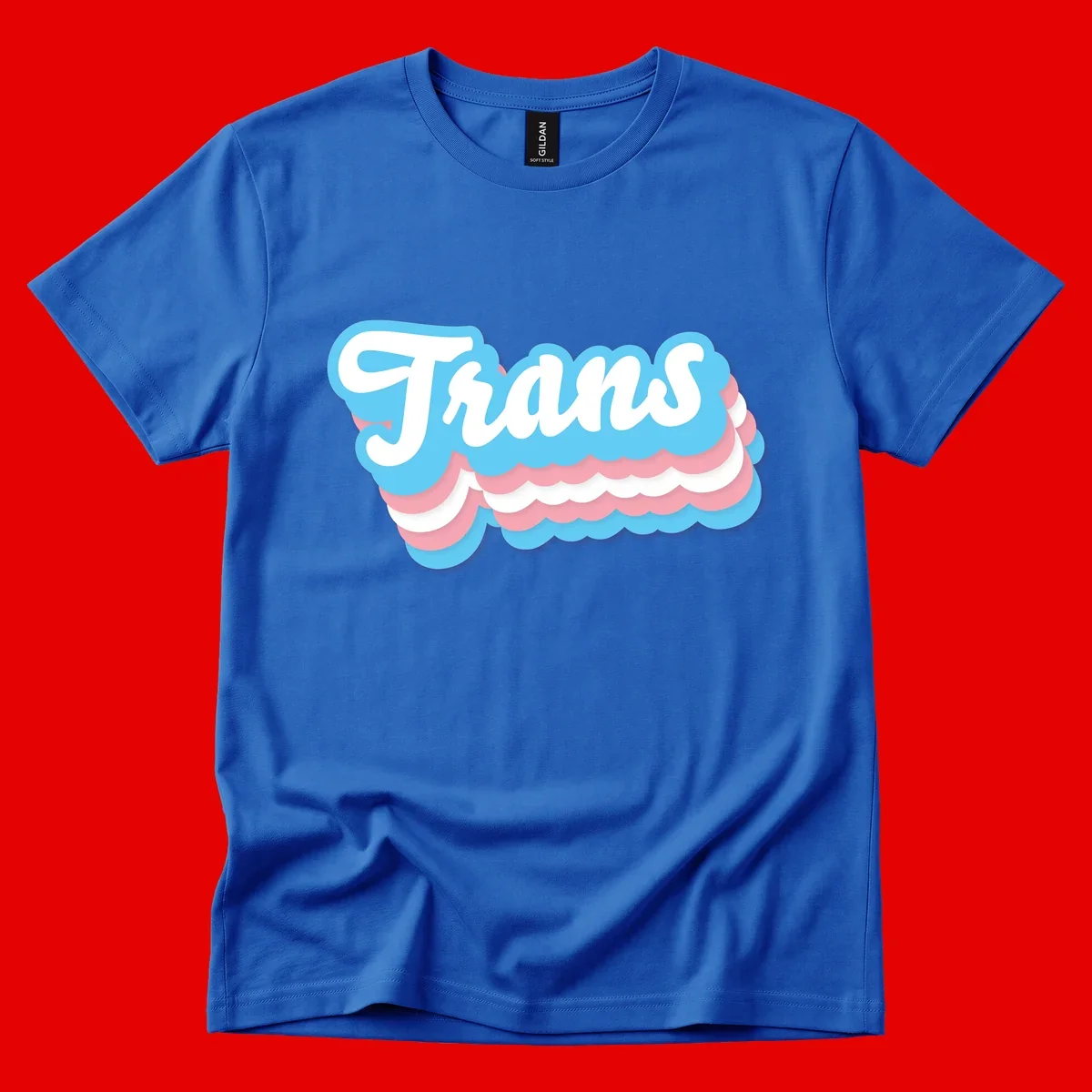 Trans pride cloud layers design with white 'Trans' text on alternating blue, pink, and white scalloped cloud shapes