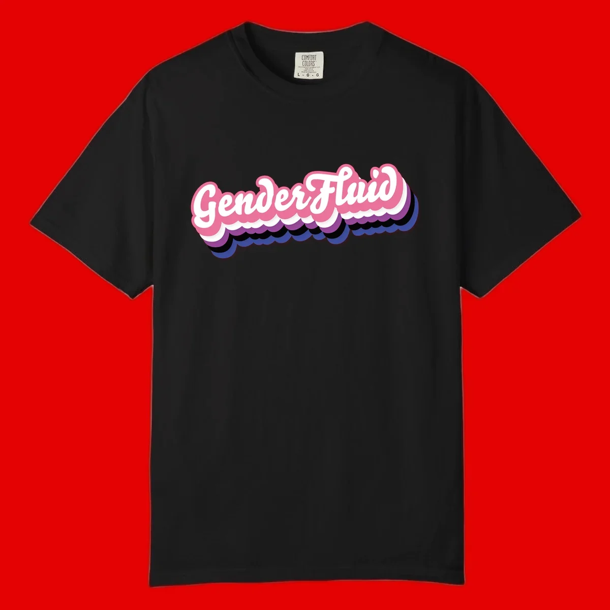 Colorful gender fluid pride design with white text and pink, purple, blue layered cloud effect