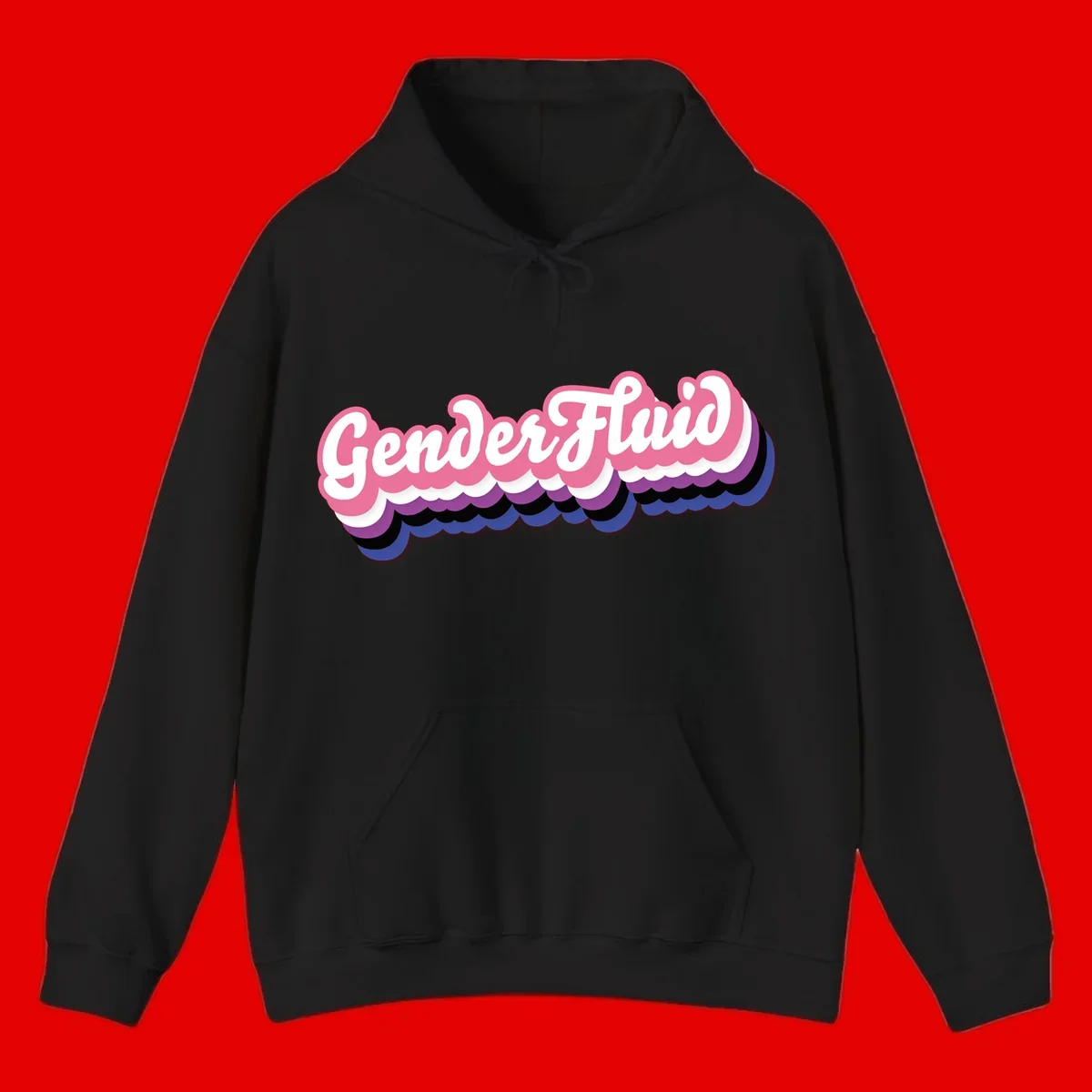 Colorful gender fluid pride design with white text and pink, purple, blue layered cloud effect