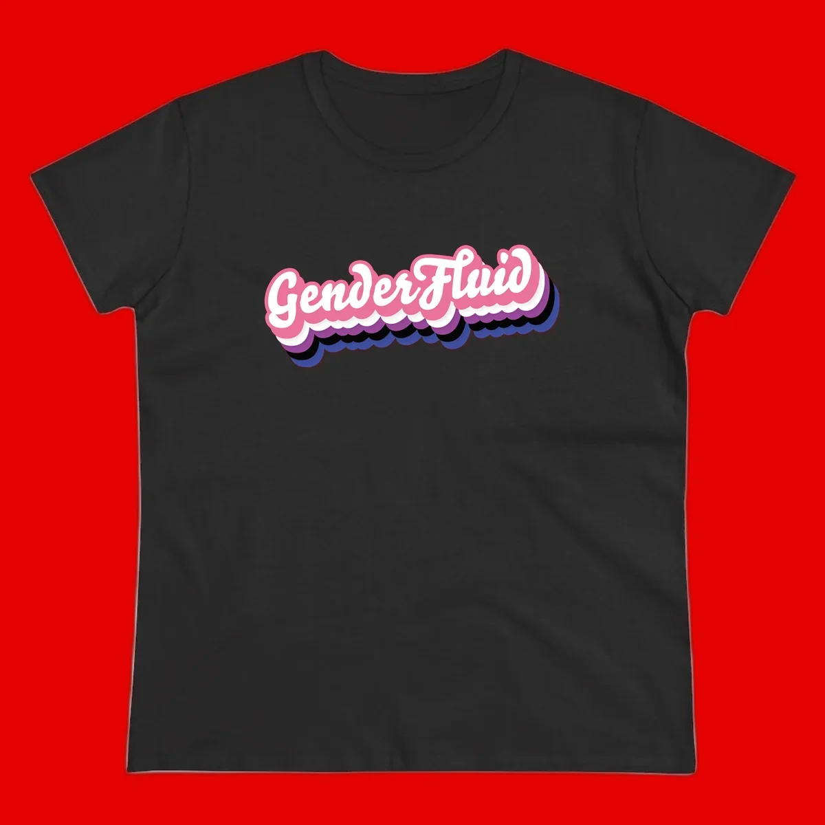 Colorful gender fluid pride design with white text and pink, purple, blue layered cloud effect