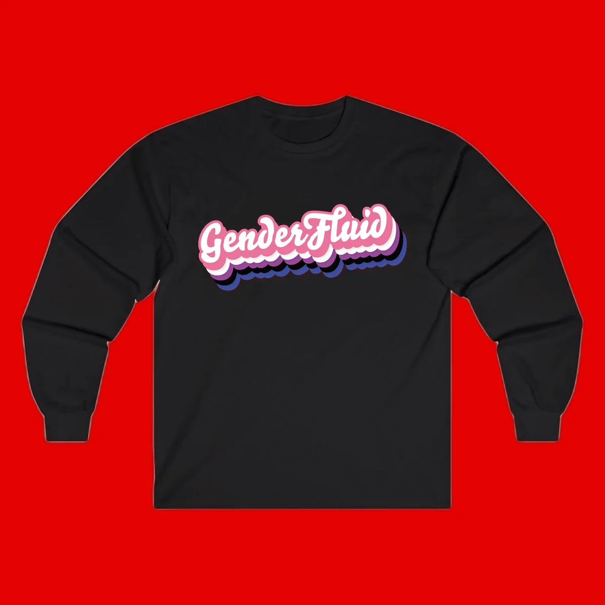 Colorful gender fluid pride design with white text and pink, purple, blue layered cloud effect