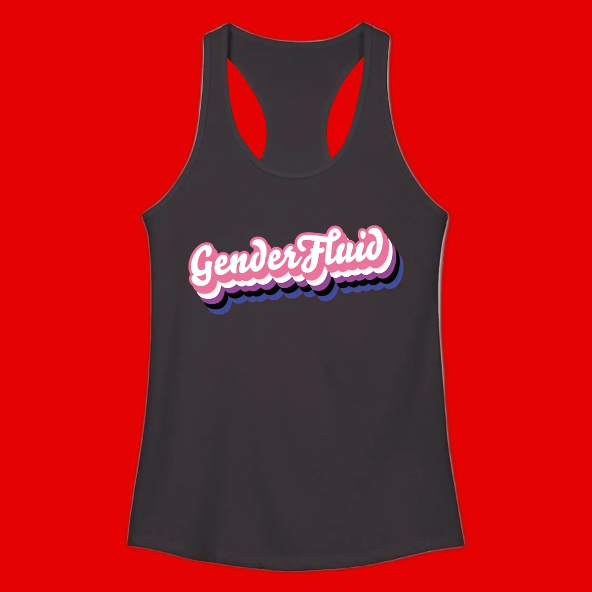 Colorful gender fluid pride design with white text and pink, purple, blue layered cloud effect