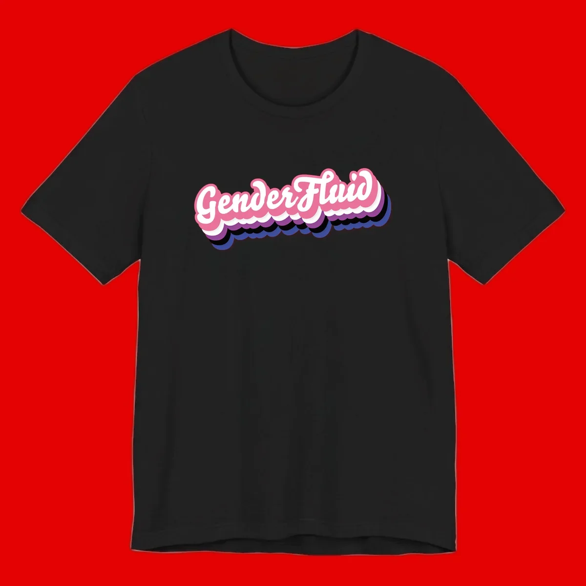 Colorful gender fluid pride design with white text and pink, purple, blue layered cloud effect