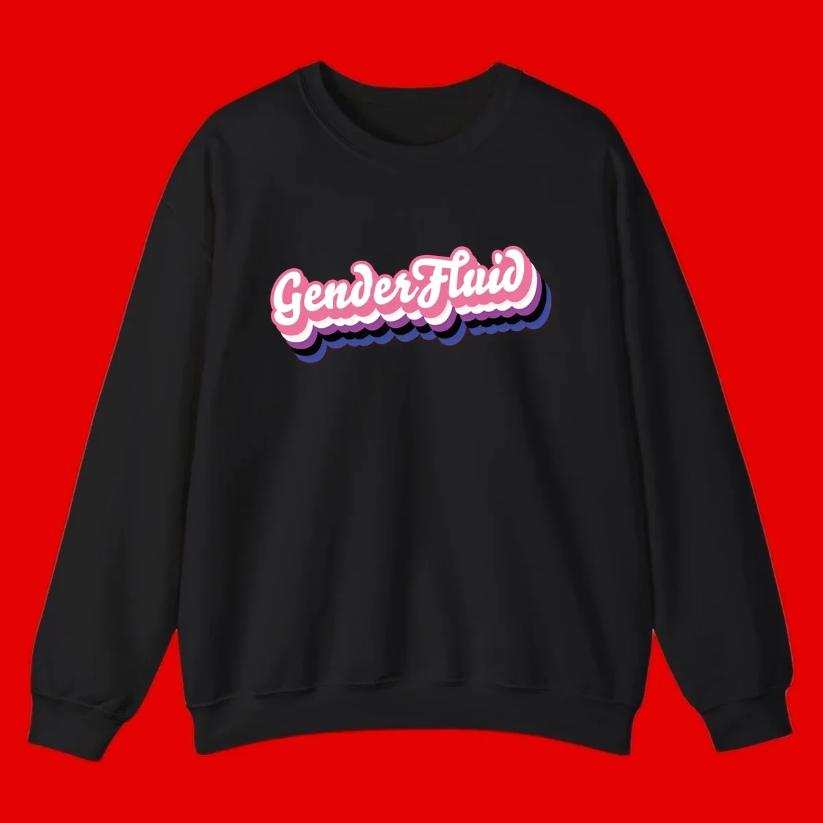 Colorful gender fluid pride design with white text and pink, purple, blue layered cloud effect
