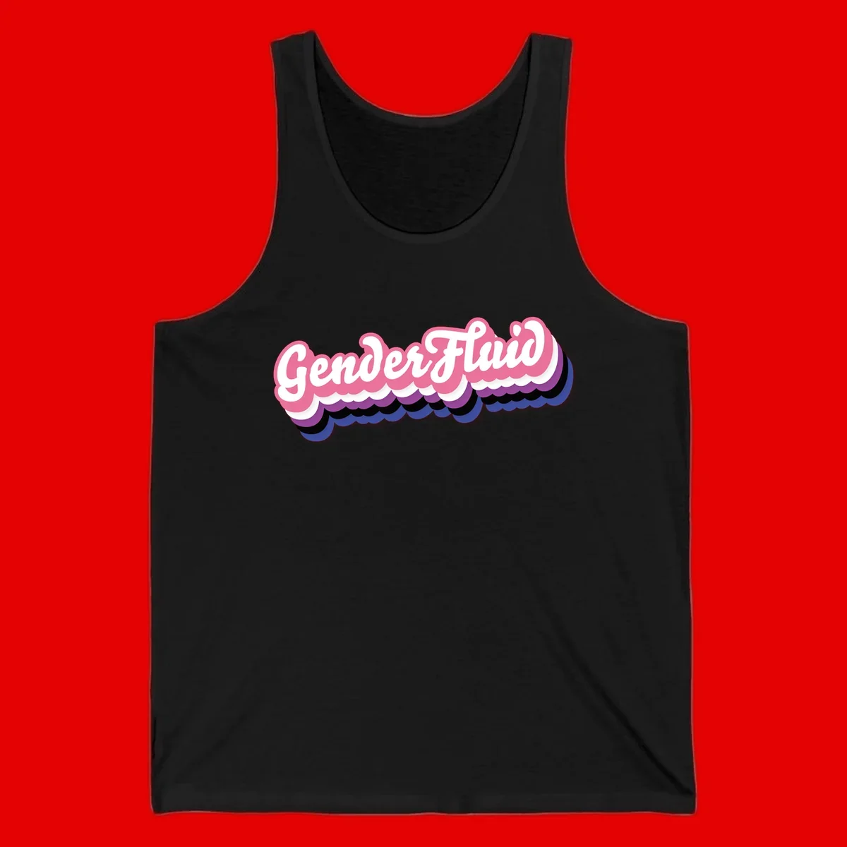 Colorful gender fluid pride design with white text and pink, purple, blue layered cloud effect