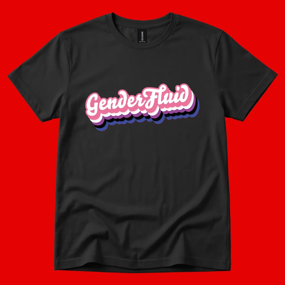 Colorful gender fluid pride design with white text and pink, purple, blue layered cloud effect