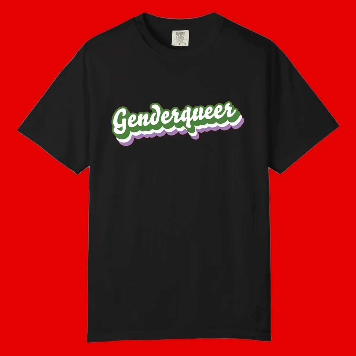 Retro script text reading 'Genderqueer' in white and green with purple and white scalloped wave border