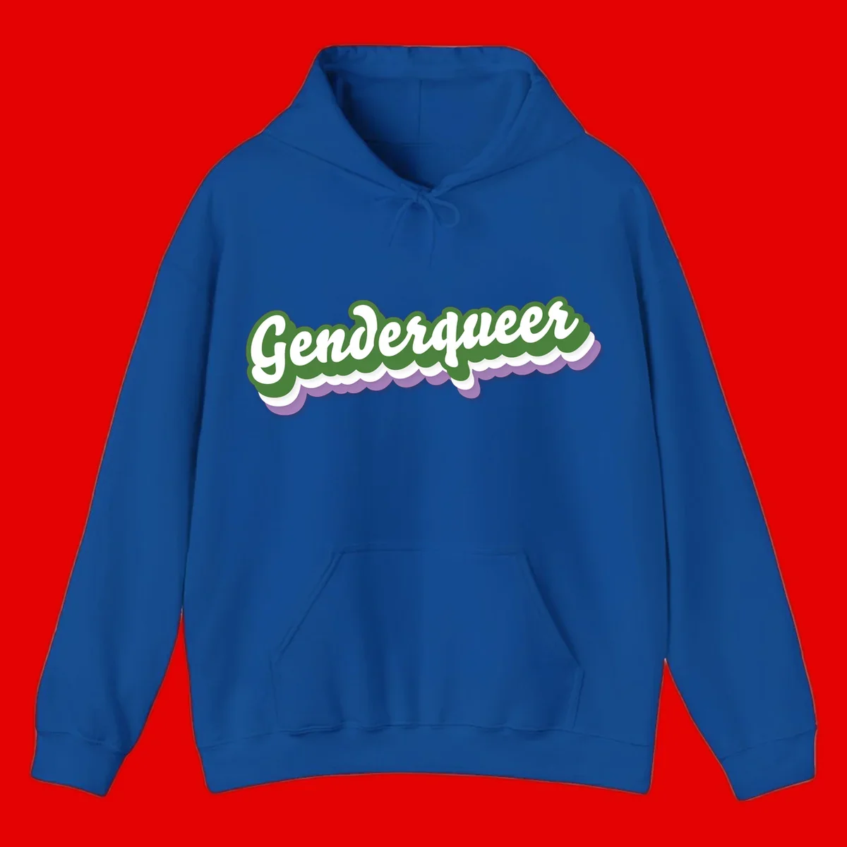 Retro script text reading 'Genderqueer' in white and green with purple and white scalloped wave border