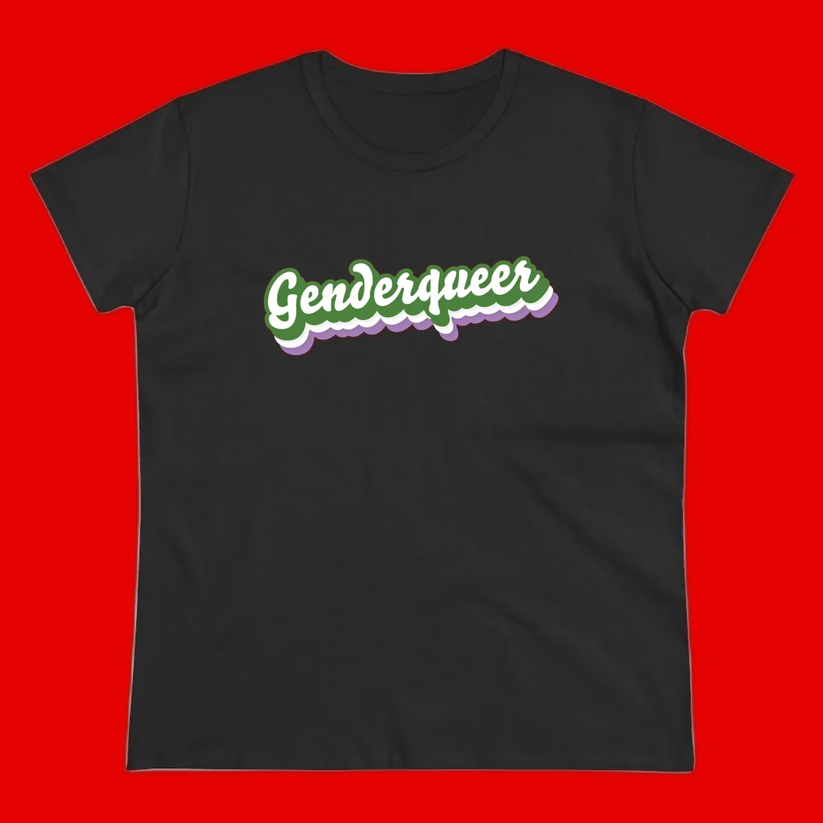 Retro script text reading 'Genderqueer' in white and green with purple and white scalloped wave border