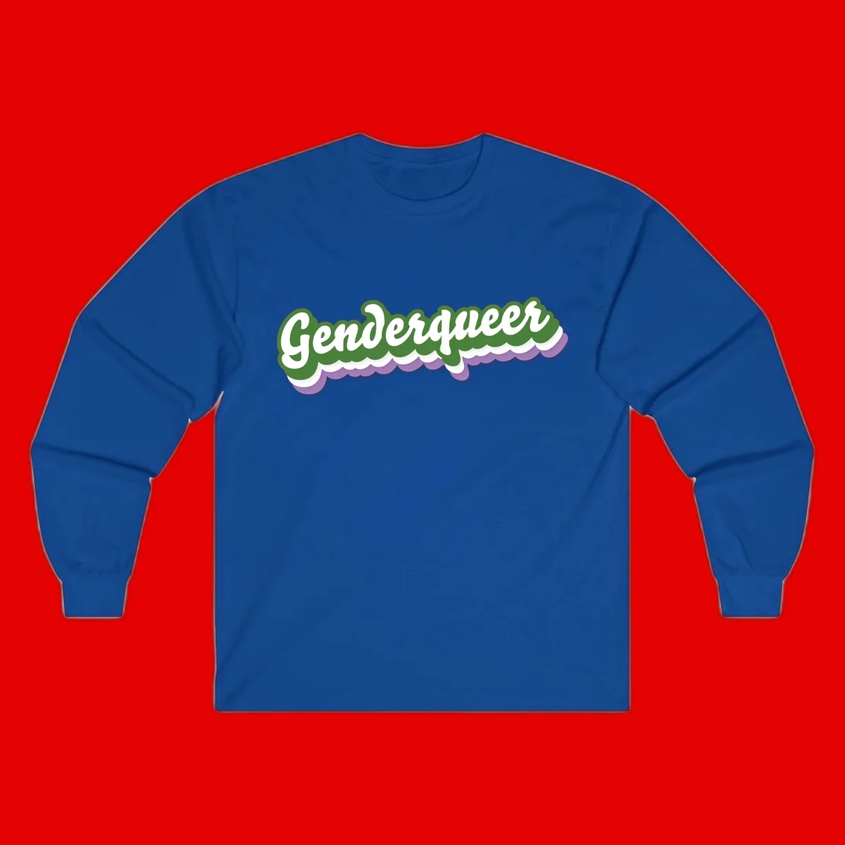Retro script text reading 'Genderqueer' in white and green with purple and white scalloped wave border
