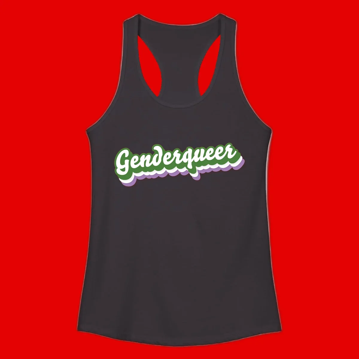 Retro script text reading 'Genderqueer' in white and green with purple and white scalloped wave border