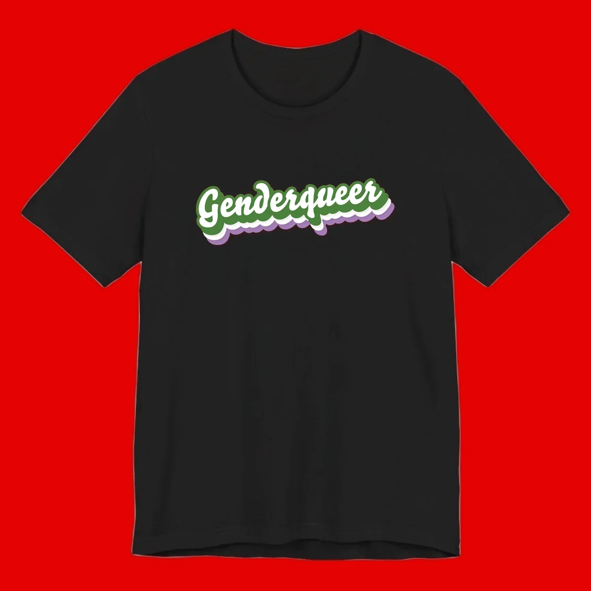 Retro script text reading 'Genderqueer' in white and green with purple and white scalloped wave border