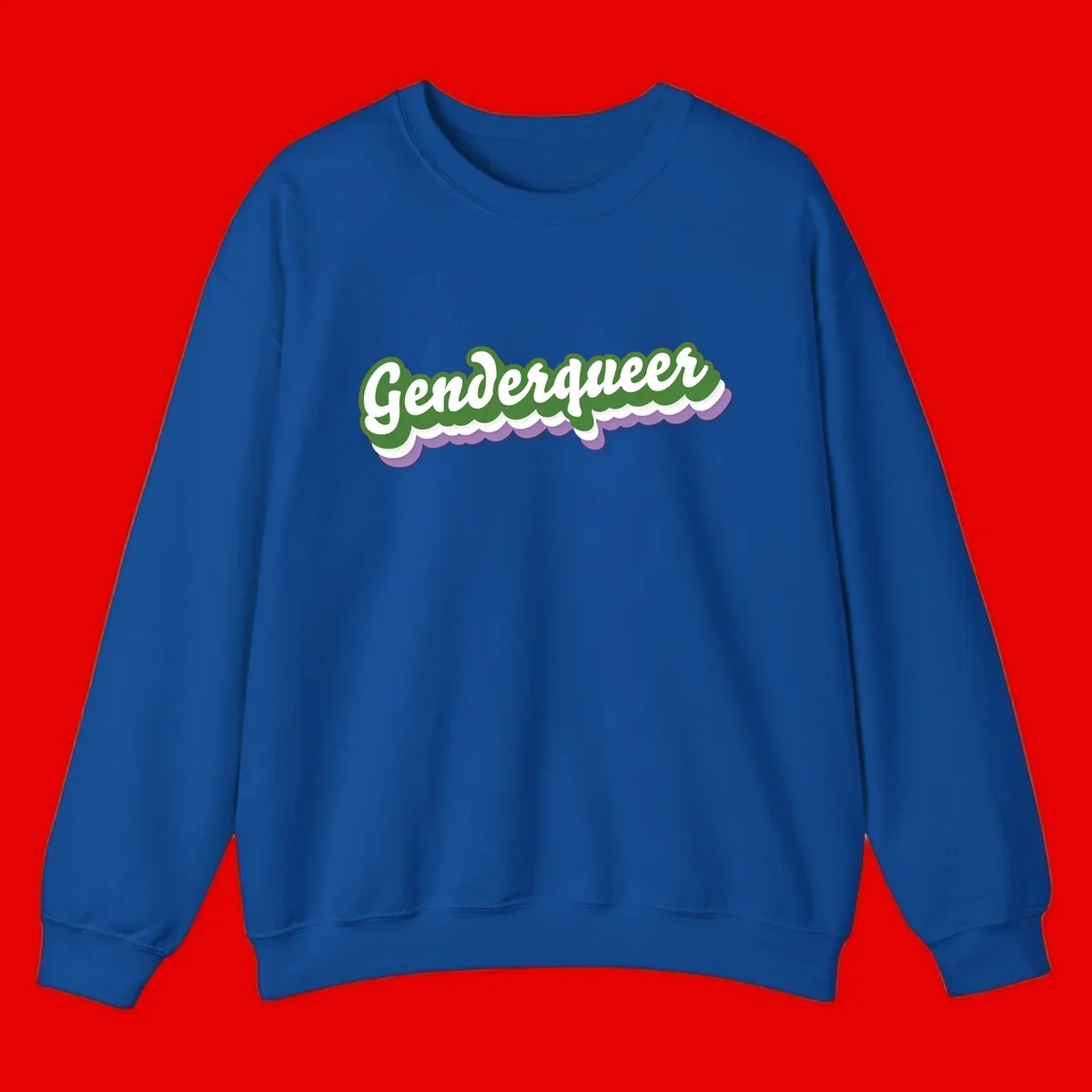 Retro script text reading 'Genderqueer' in white and green with purple and white scalloped wave border