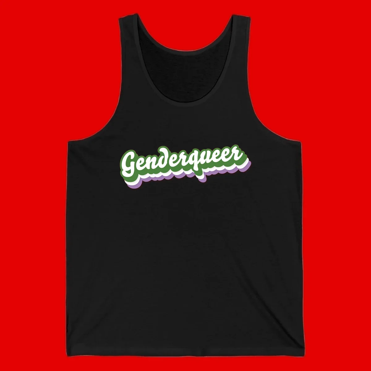 Retro script text reading 'Genderqueer' in white and green with purple and white scalloped wave border