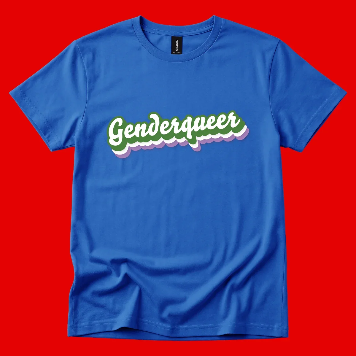Retro script text reading 'Genderqueer' in white and green with purple and white scalloped wave border