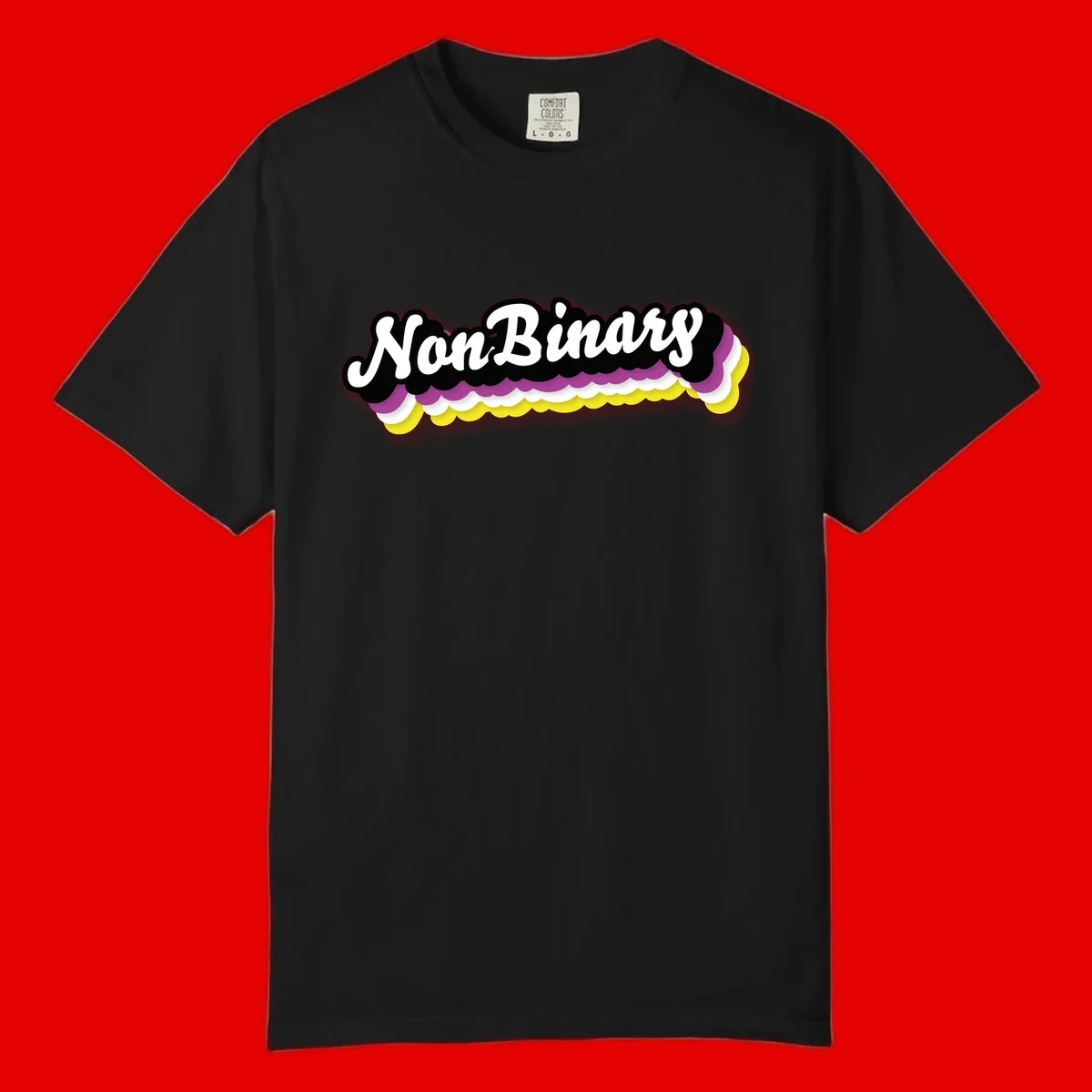 Nonbinary pride design with white script text on layered purple, white, and yellow cloud shapes