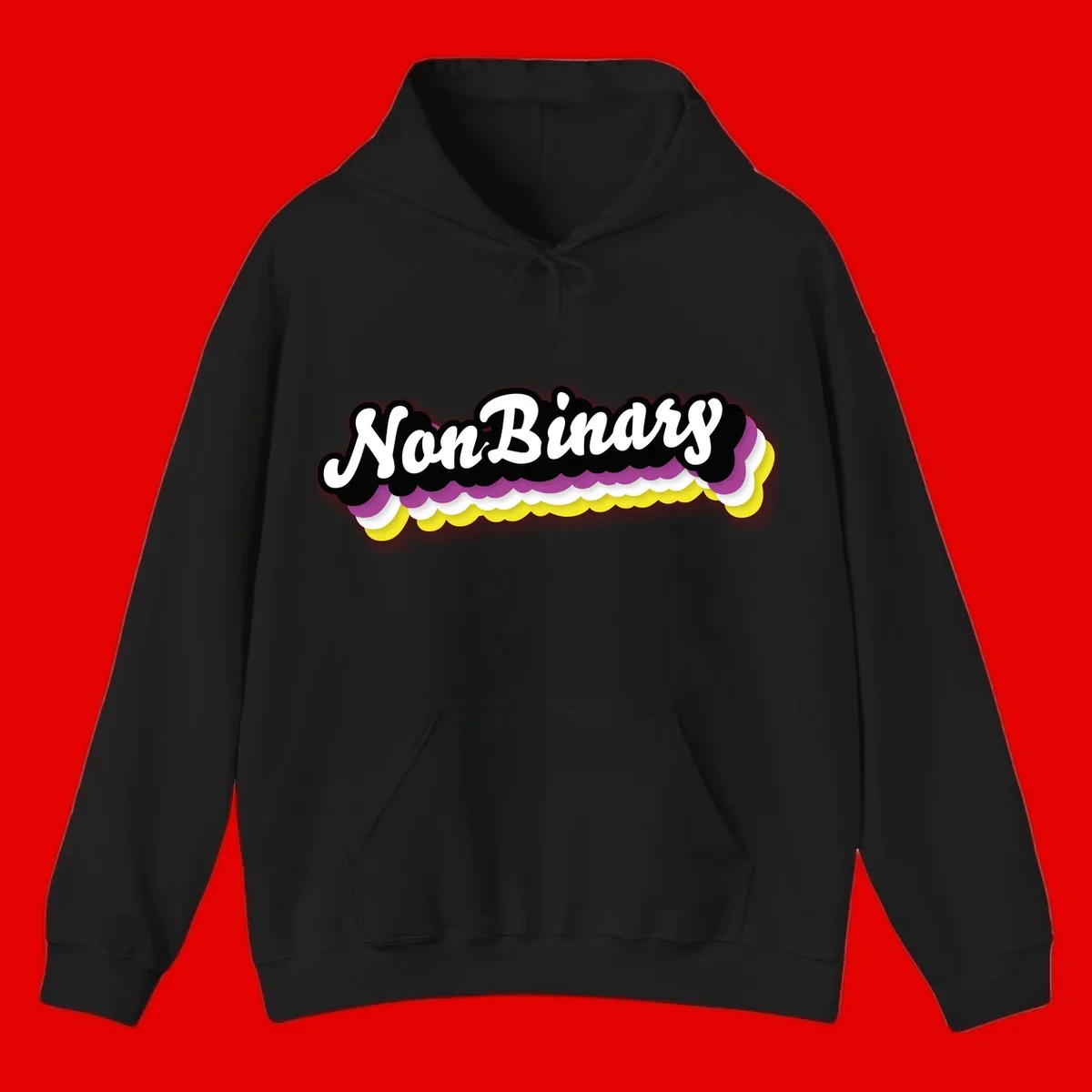 Nonbinary pride design with white script text on layered purple, white, and yellow cloud shapes