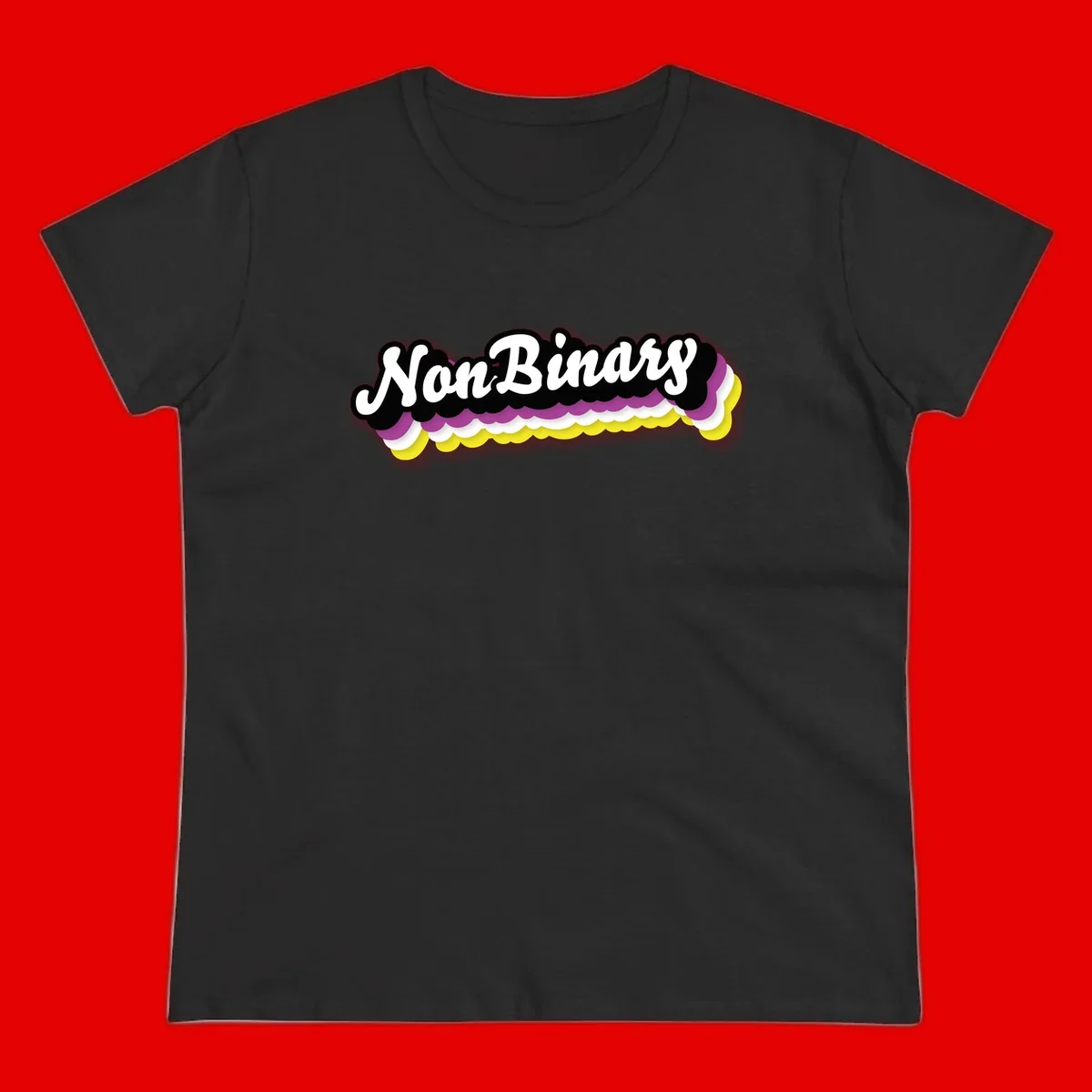 Nonbinary pride design with white script text on layered purple, white, and yellow cloud shapes