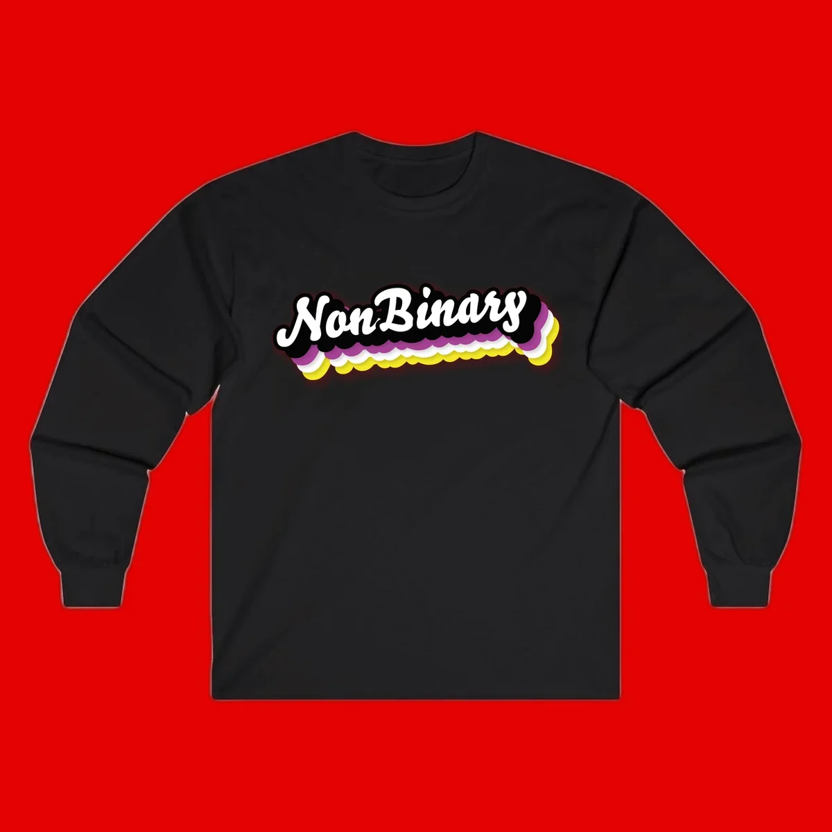 Nonbinary pride design with white script text on layered purple, white, and yellow cloud shapes