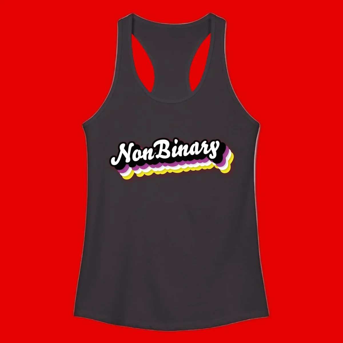 Nonbinary pride design with white script text on layered purple, white, and yellow cloud shapes