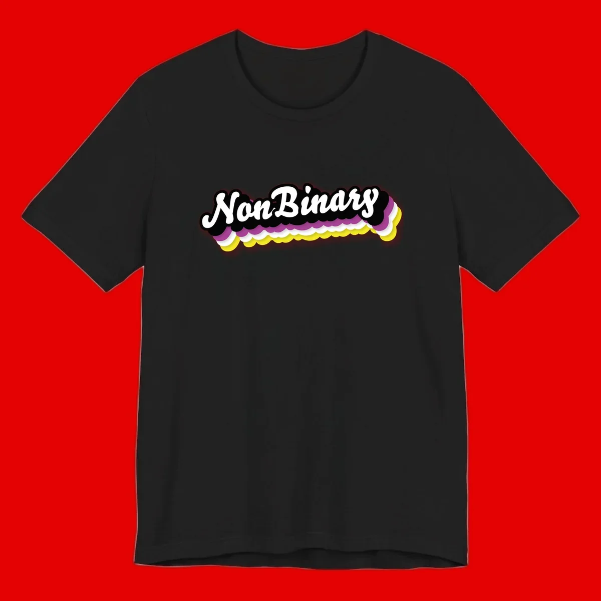 Nonbinary pride design with white script text on layered purple, white, and yellow cloud shapes