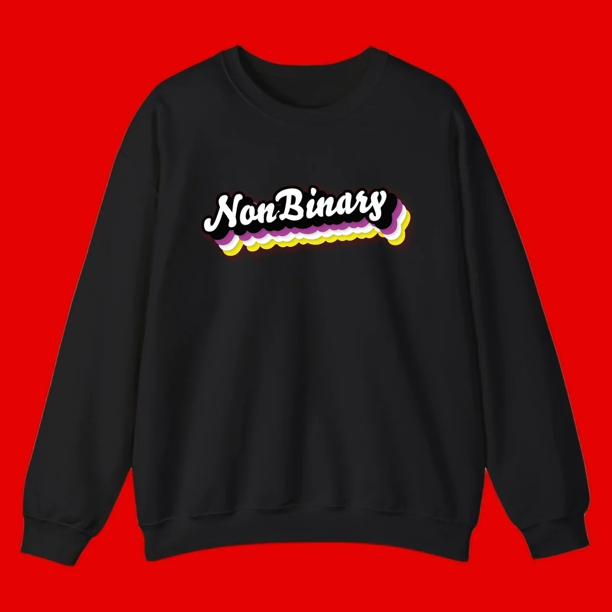 Nonbinary pride design with white script text on layered purple, white, and yellow cloud shapes