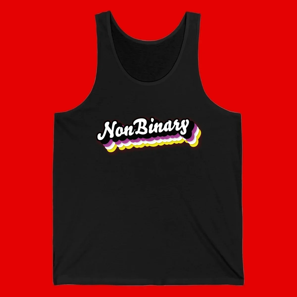 Nonbinary pride design with white script text on layered purple, white, and yellow cloud shapes