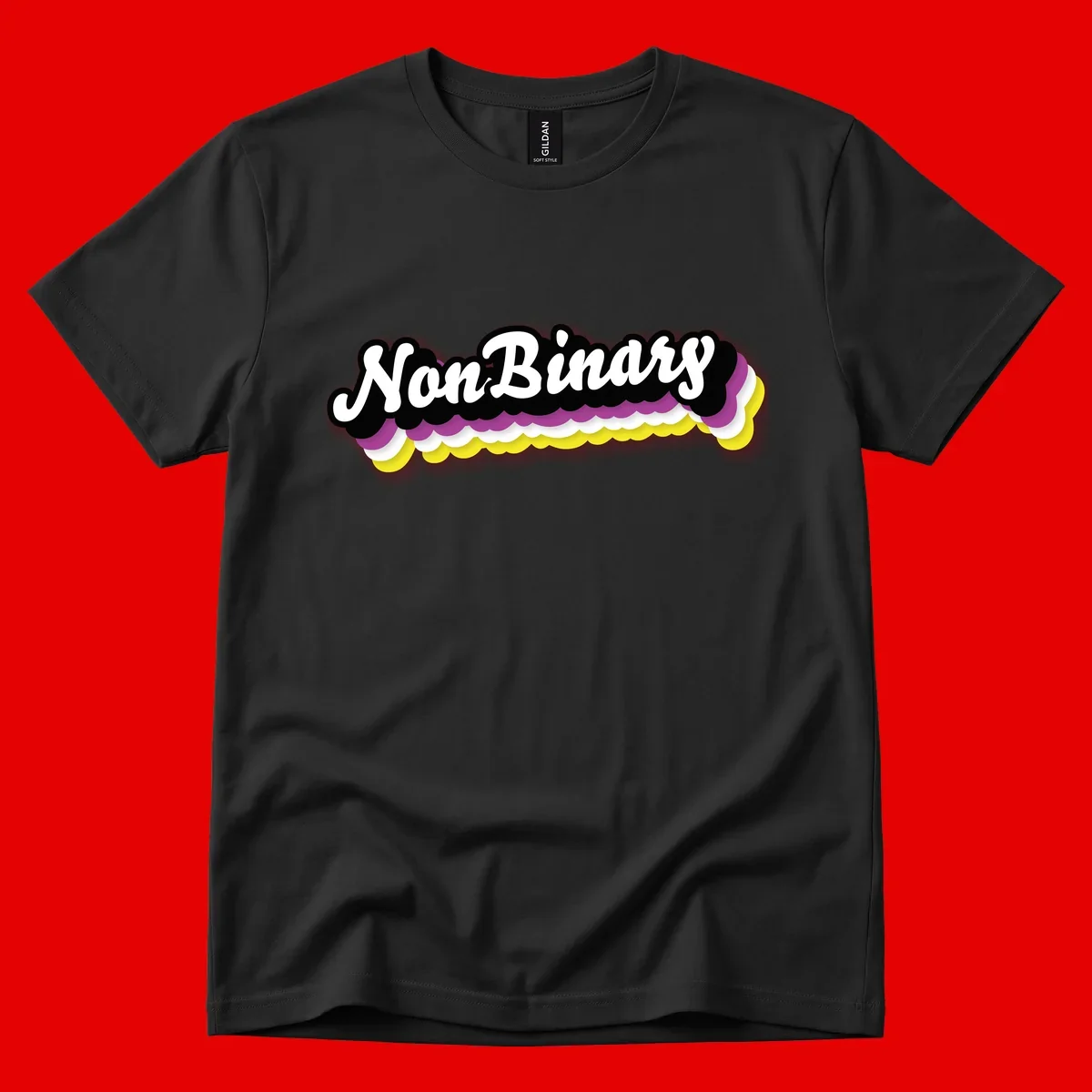 Nonbinary pride design with white script text on layered purple, white, and yellow cloud shapes